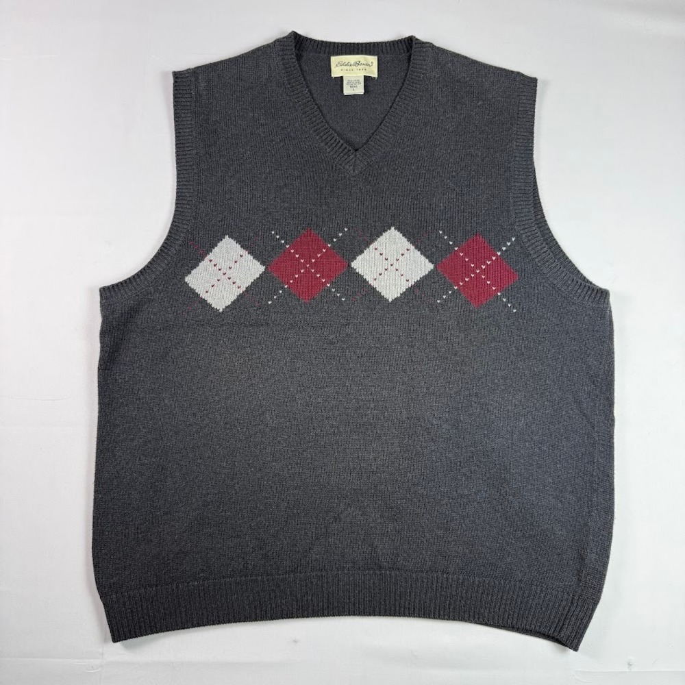 Eddie Bauer Mens Large Gray Argyle Cotton V-Neck Sweater Vest Made In Japan
